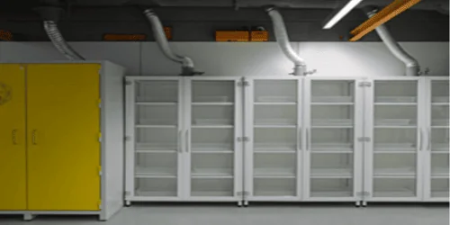 Chemical storage cabinets displayed on the home page, designed for safe segregation and ventilation of hazardous substances in laboratory environments.
