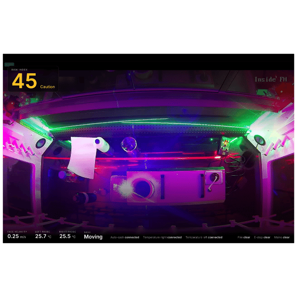 Camera view Ray live self-validation test with laser and smoke inside the hood